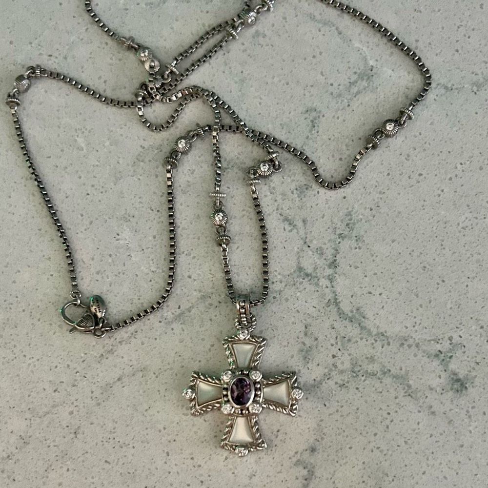 Judith Ripka Silver Cross Pendant with Mother-of-Pearl and Purple Stone - Picture 6 of 9